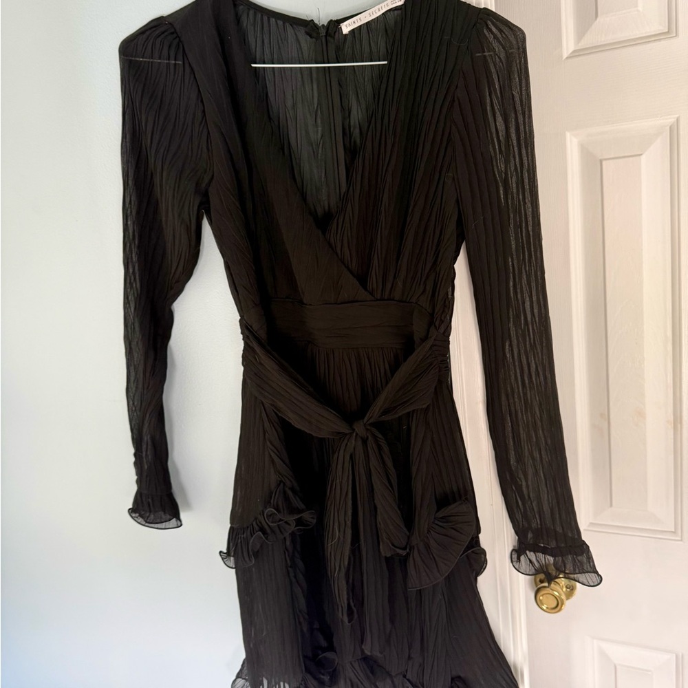 Women's Black Long-Sleeve Wrap Dress with Ruffle Hem